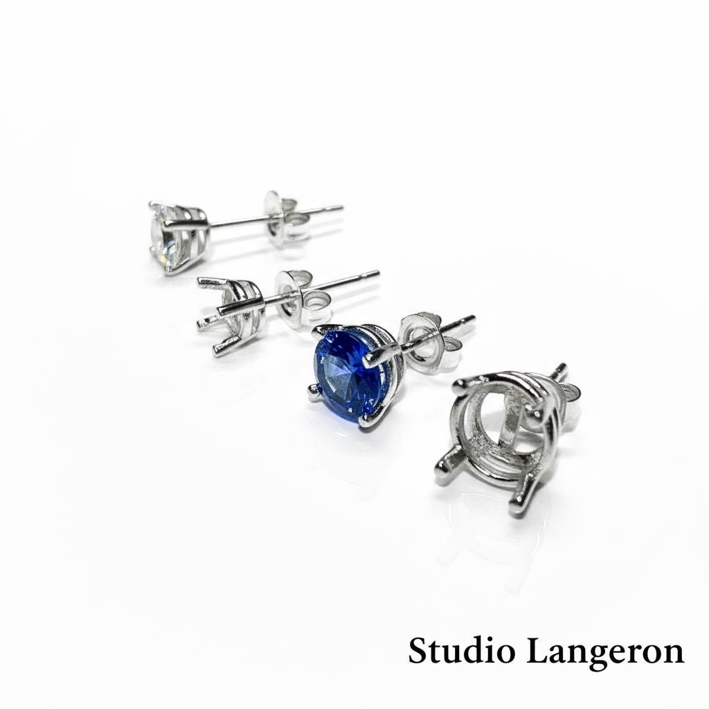 925 Sterling Silver Round blank earrings with 4-Prong Setting size 4, 5, 6, 7, 8mm, Earring Post, Jewelry making, Setting - 1 pair (2 piece)