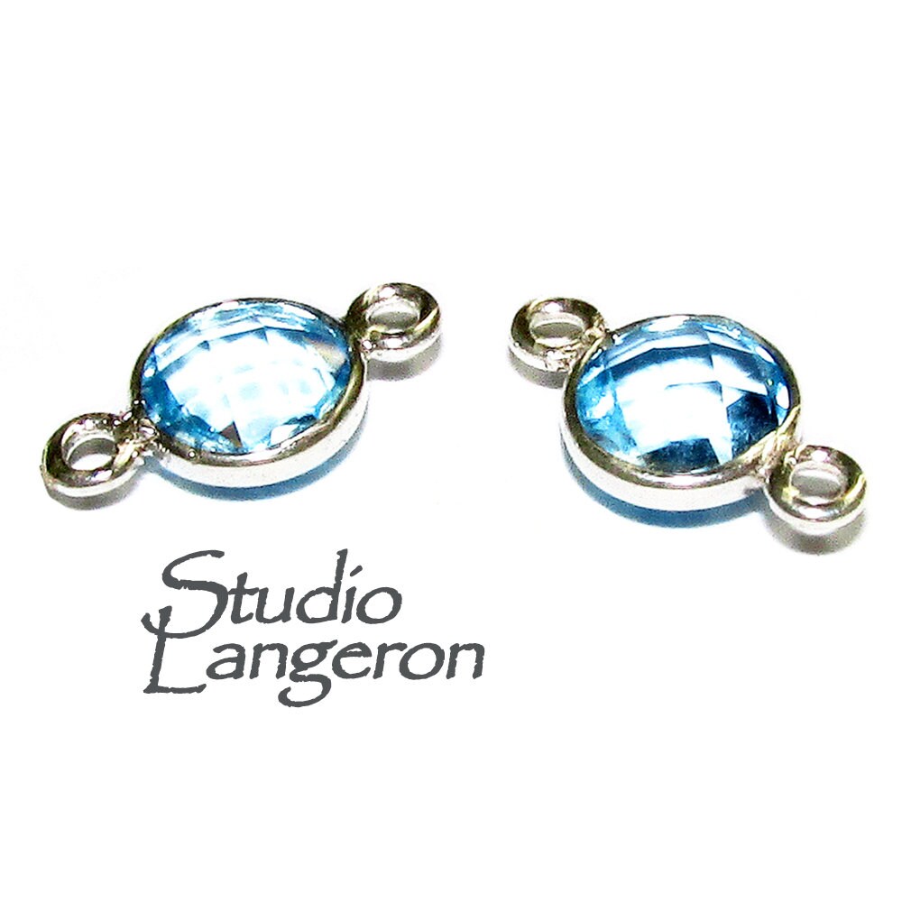 925 Sterling Silver Checkerboard Blue Tourmaline Round Link Connector size 12x7 mm, silver link, Jewelry making, link connector - 1 piece