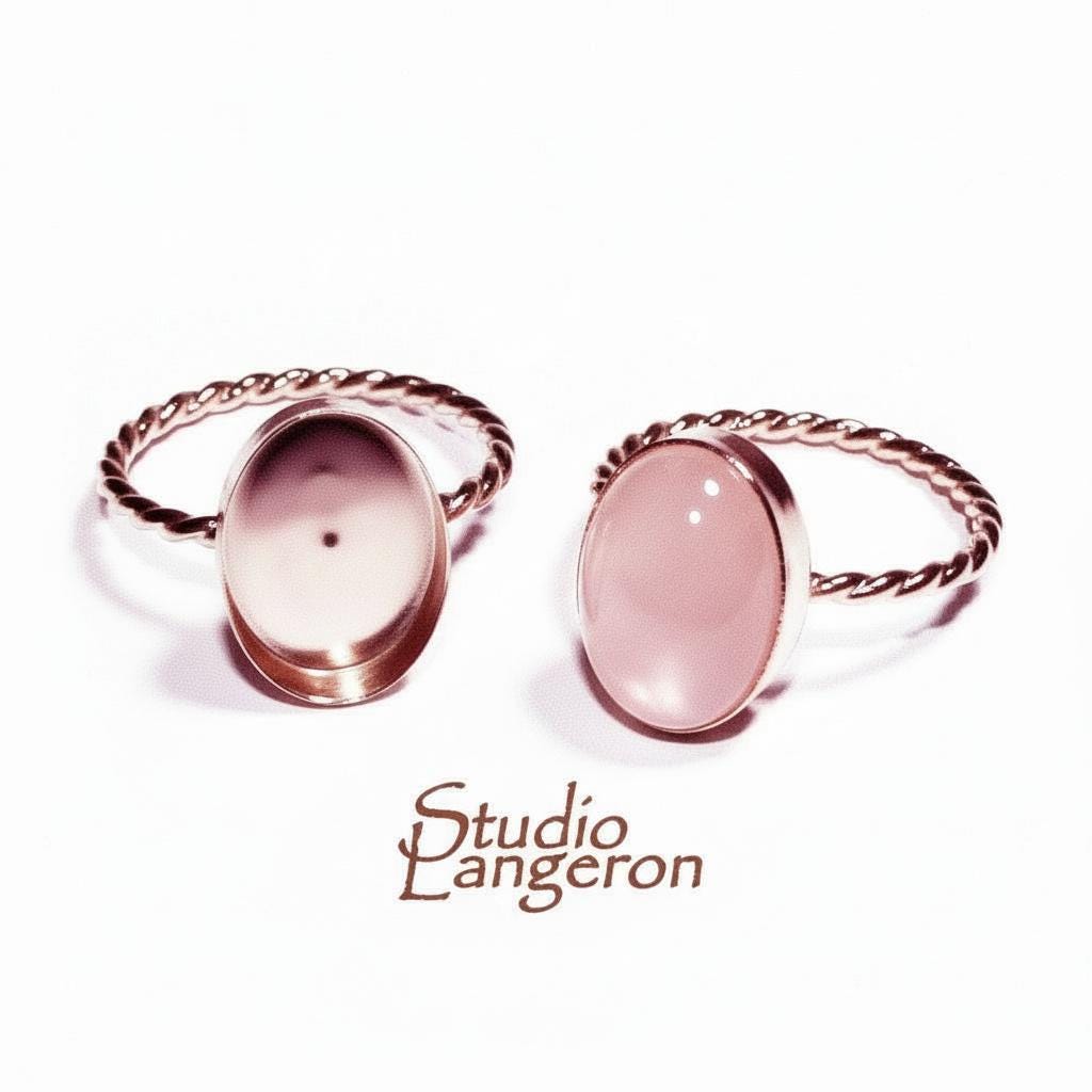 14K Rose gold filled twisted blank ring with bezel cup 10x14mm size 4, 5, 6, 7, 8, 9, 10, 11, Base ring, Bezel cup, Jewelry making - 1 piece