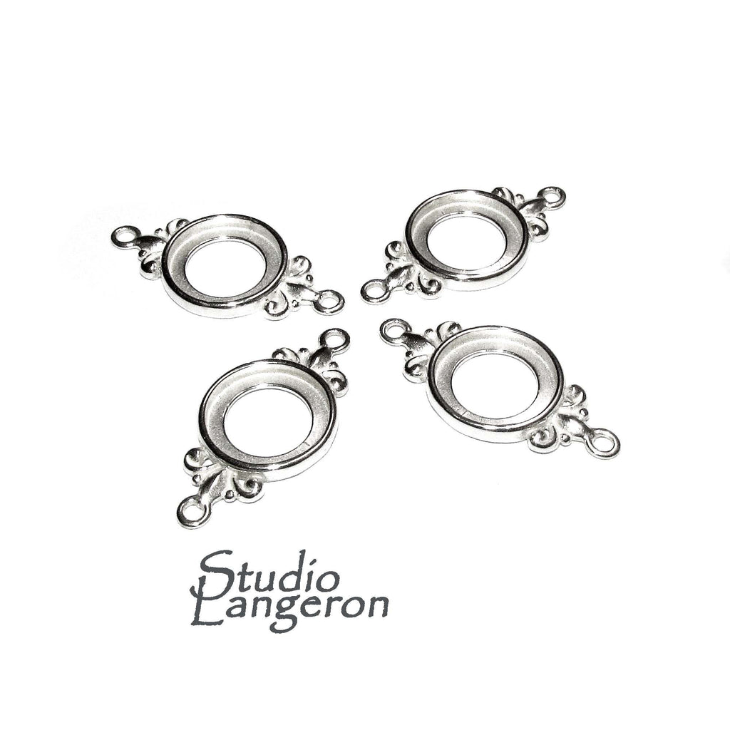 925 Sterling Silver 12mm Round Fleur-de-Lis Link Component Mounting, connector silver, base bracelet, bezel cup, Jewelry making - 1 piece