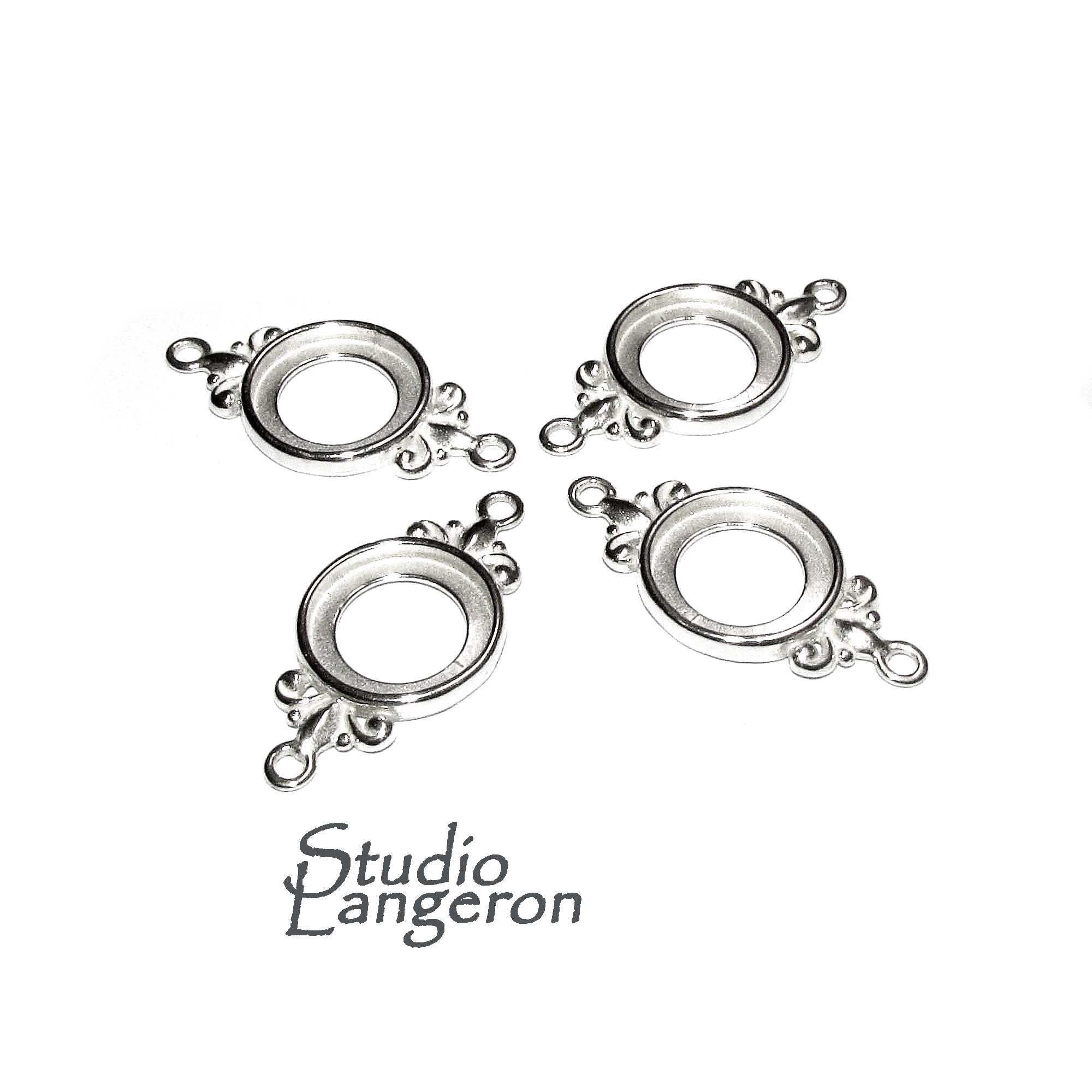 925 Sterling Silver 12mm Round Fleur-de-Lis Link Component Mounting, connector silver, base bracelet, bezel cup, Jewelry making - 1 piece