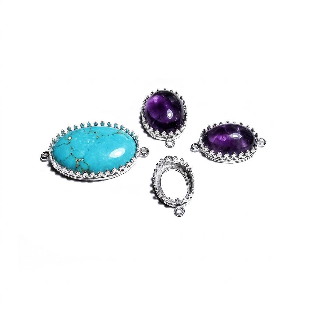 925 Sterling Silver Oval Bezel Cups with 2 closed rings, sizes 6x8-18x25mm, Setting, Jewelry making, Bracelet, Connector - 1 piece