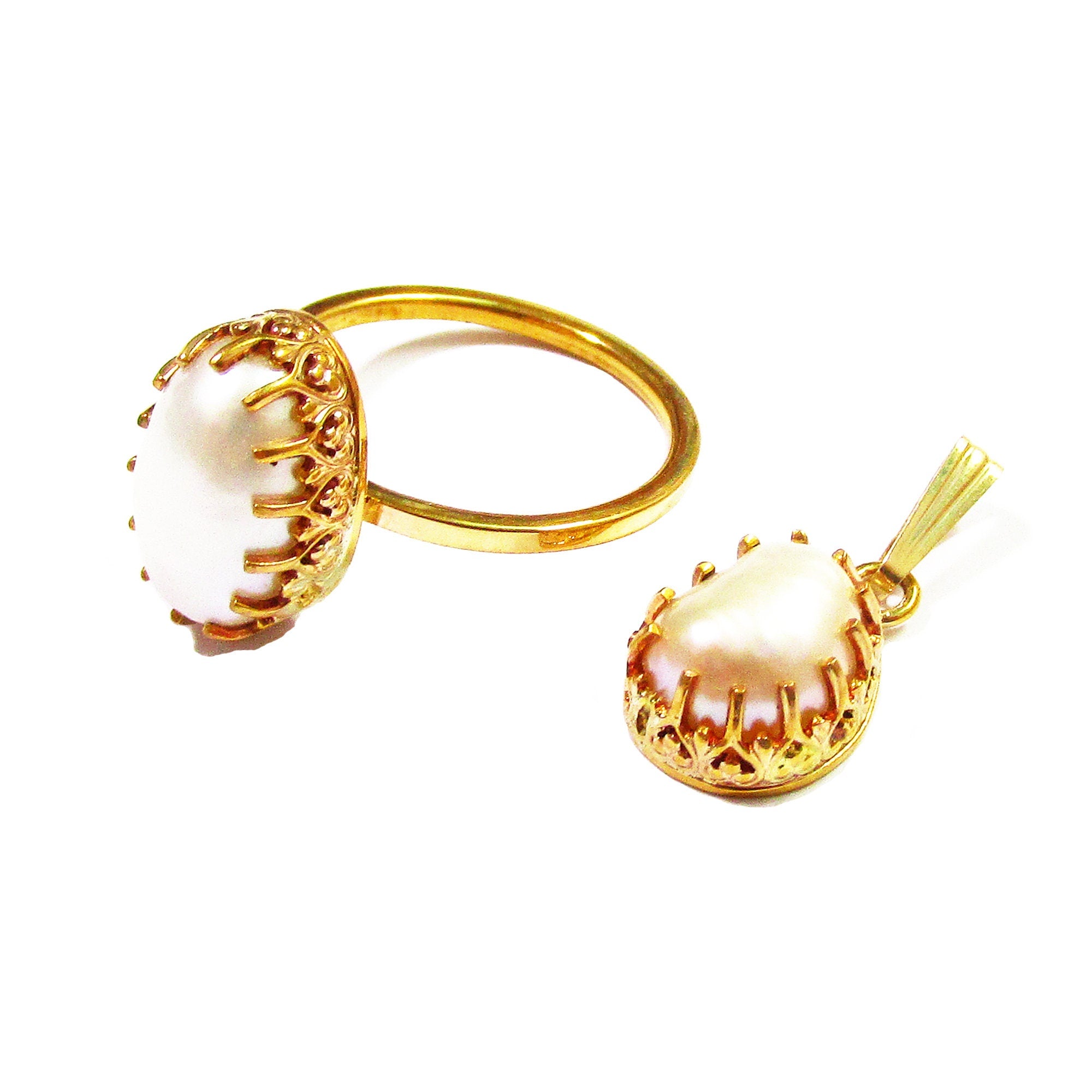 14K Gold Filled handmade set ring size 7 and pendant with baroque pearls, Gold filled ring, single copy, baroque pearls, gold filled ring