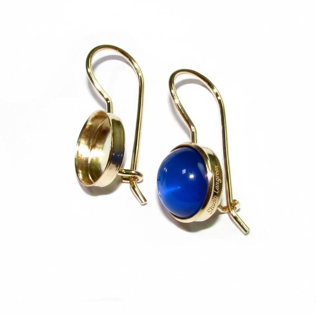 14K Solid gold blank earrings with bezel cup 10 mm, Jewelry making, Setting, bezel cup, base earrings, Earrings mounting - 1 pair (2 piece)