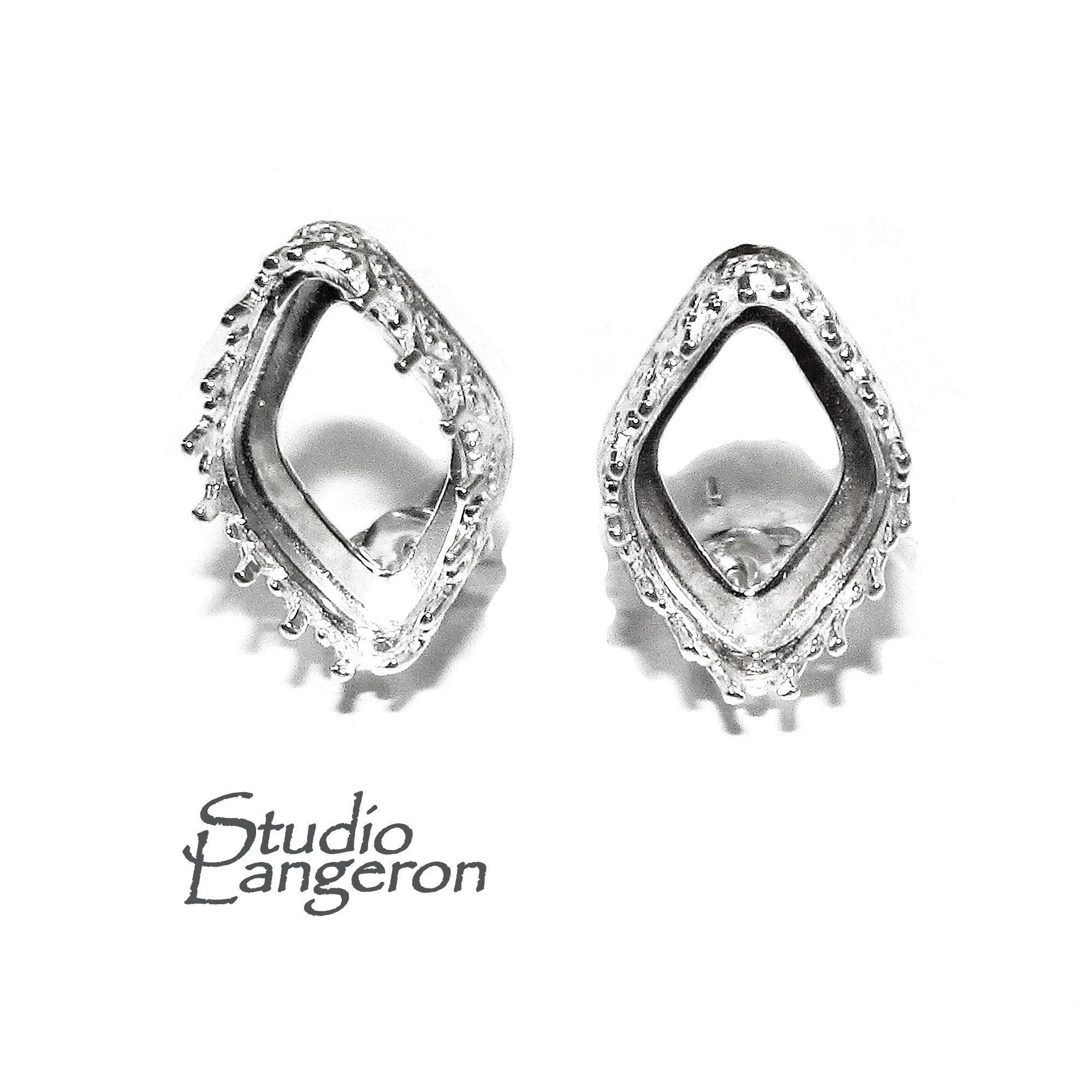 925 Sterling Silver Blank earrings size 14x9 mm with marquise Bezel cup, Jewelry making, Setting, Base Earrings post - 1 pair (2 pieces)