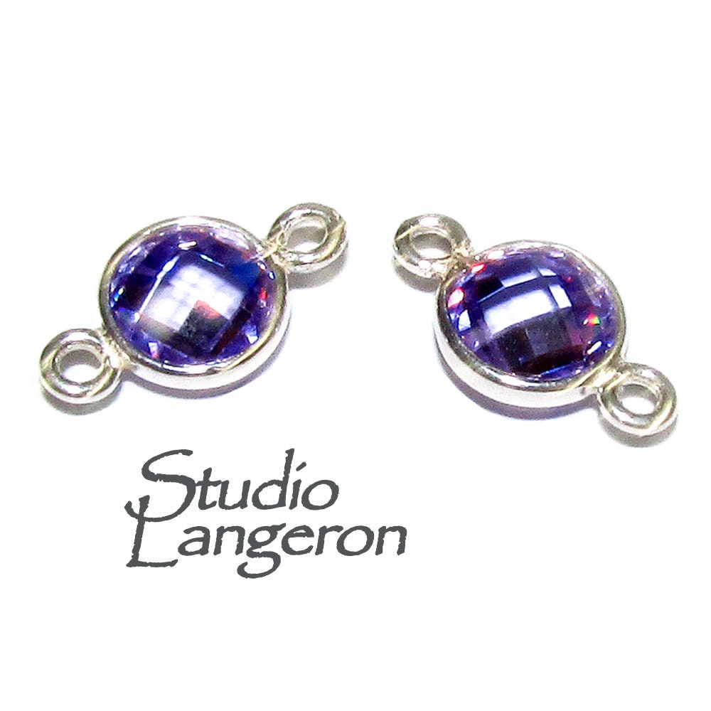 925 Sterling Silver Checkerboard Lavender Round Link Connector size 12x7 mm, Lavender link connector, Jewelry making - 1 piece