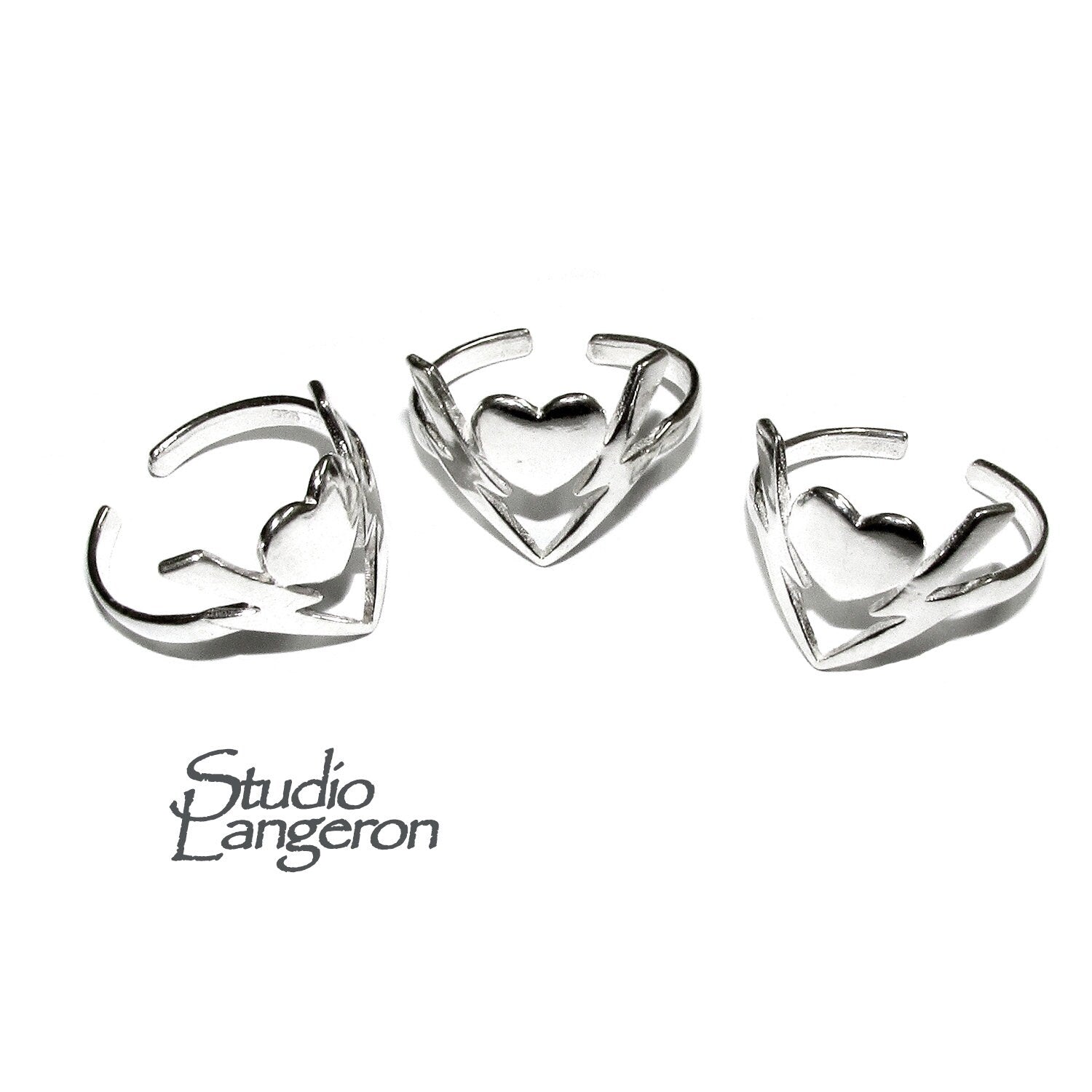 925 sterling silver open ring with heart and lightning, silver ring, blank ring, sterling silver, Valentine's Day, Jewelry making - 1 piece