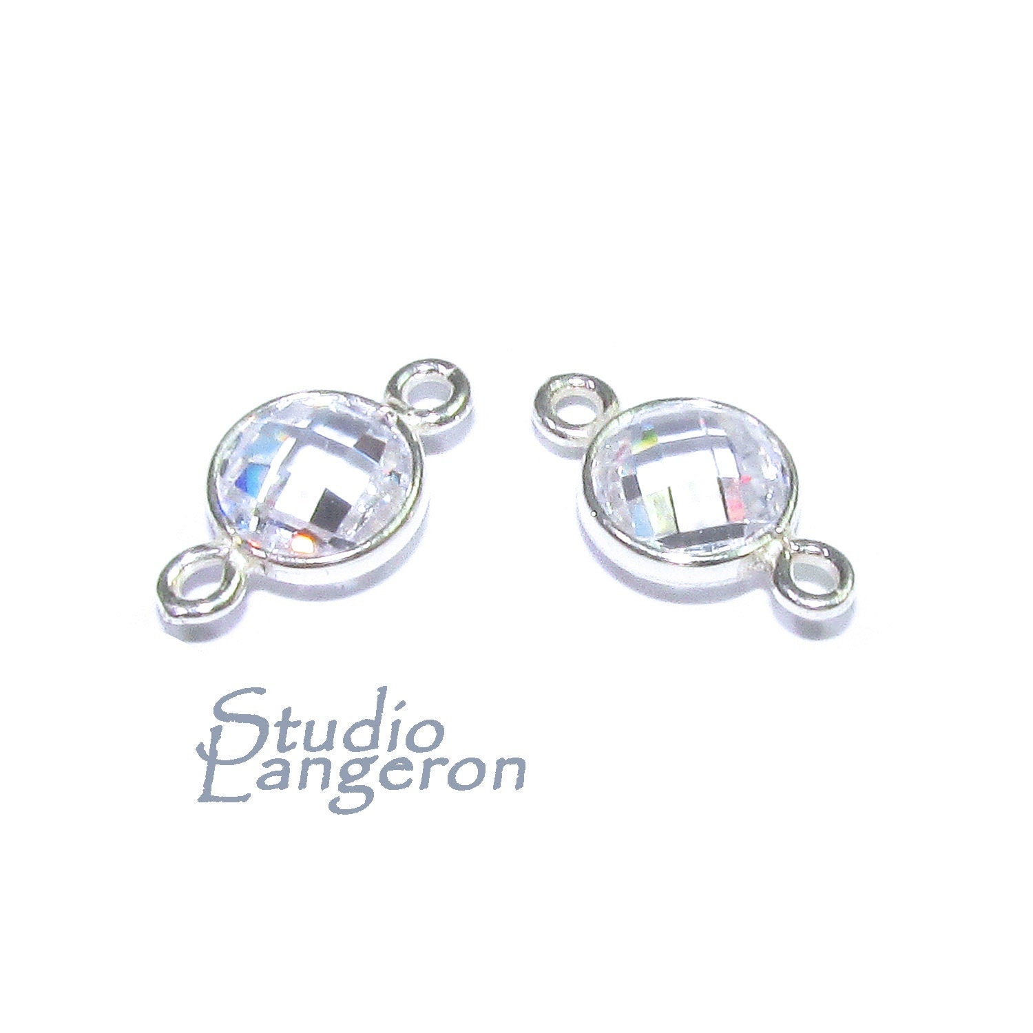 925 Sterling Silver Checkerboard white topaz Round Link Connector size 12x7 mm, white topaz link connector, Jewelry making - 1 piece