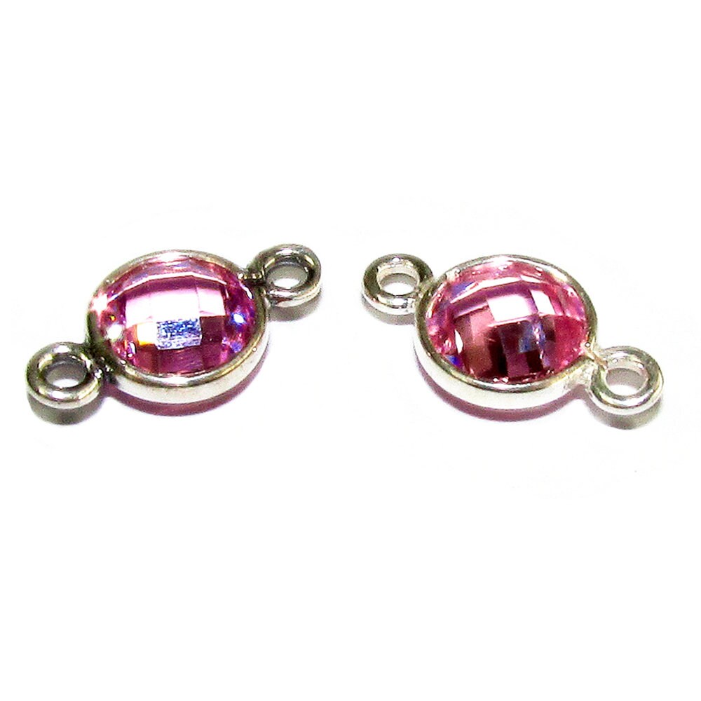 925 Sterling Silver Checkerboard Pink Topaz Round Link Connector size 12x7 mm, Pink Topaz silver link, Jewelry link connector - 1 piece