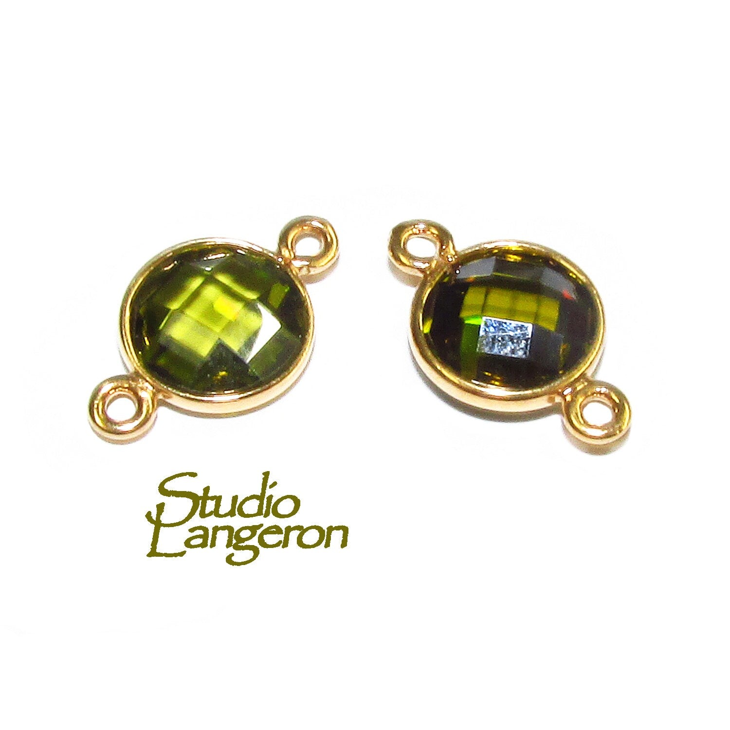 14K Gold Filled Checkerboard Peridot Round Link Connector size 15x9 mm, Peridot gold filled link, Link connector, Connector - 1 piece