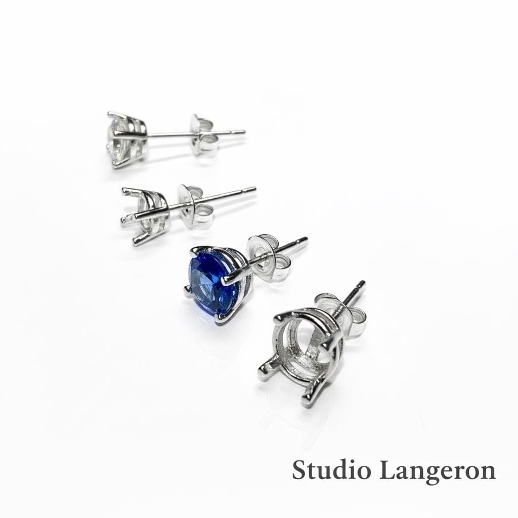925 Sterling Silver Round blank earrings with 4-Prong Setting size 4, 5, 6, 7, 8mm, Earring Post, Jewelry making, Setting - 1 pair (2 piece)