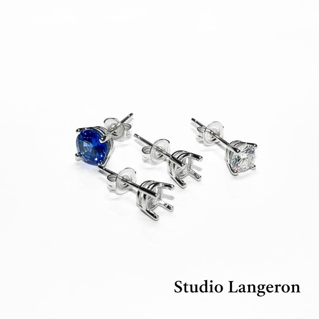 925 Sterling Silver Round blank earrings with 4-Prong Setting size 4, 5, 6, 7, 8mm, Earring Post, Jewelry making, Setting - 1 pair (2 piece)