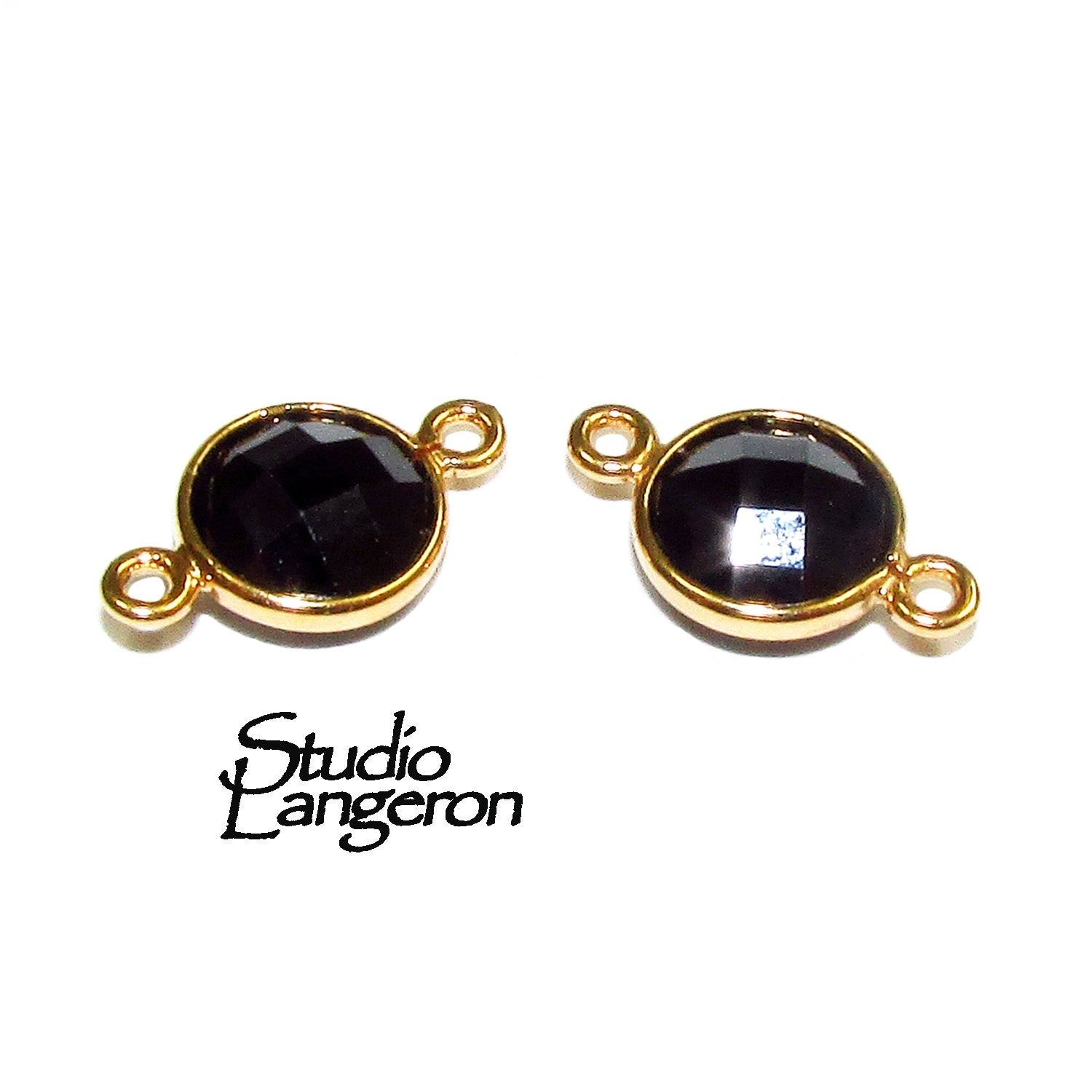 14K Gold Filled Checkerboard black onyx Round Link Connector size 12x7 mm, Jewelry making, black onyx, Link connector, Connector - 1 piece