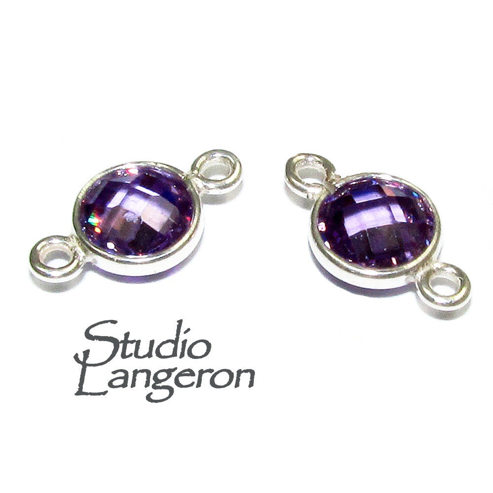 925 Sterling Silver Checkerboard Amethyst Round Link Connector size 12x7 mm, Amethyst silver link connector, Jewelry making - 1 piece