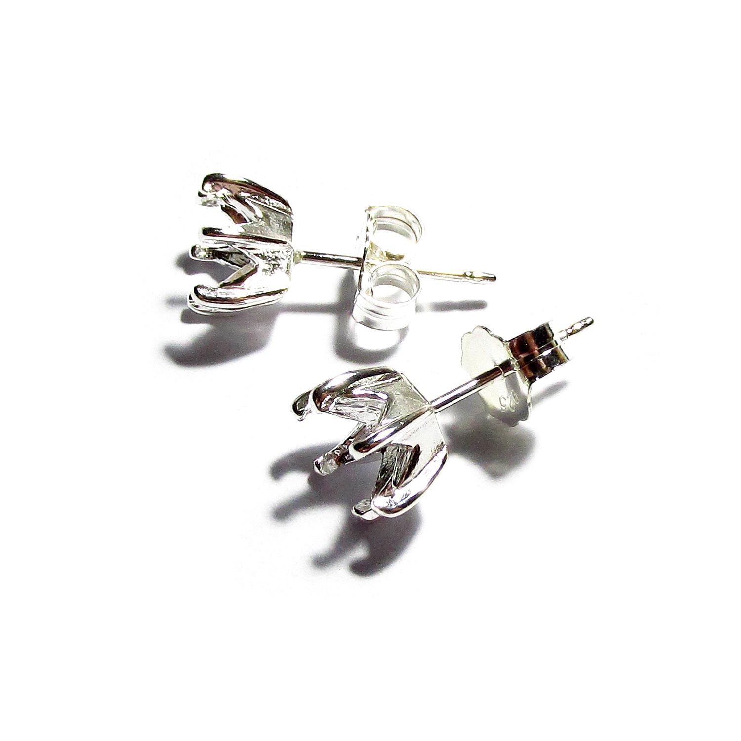 925 Sterling Silver Round blank earrings with 6-Prong Setting size 5, 6, 8mm, Earring Post, Jewelry making, Setting - 1 pair (2 piece)