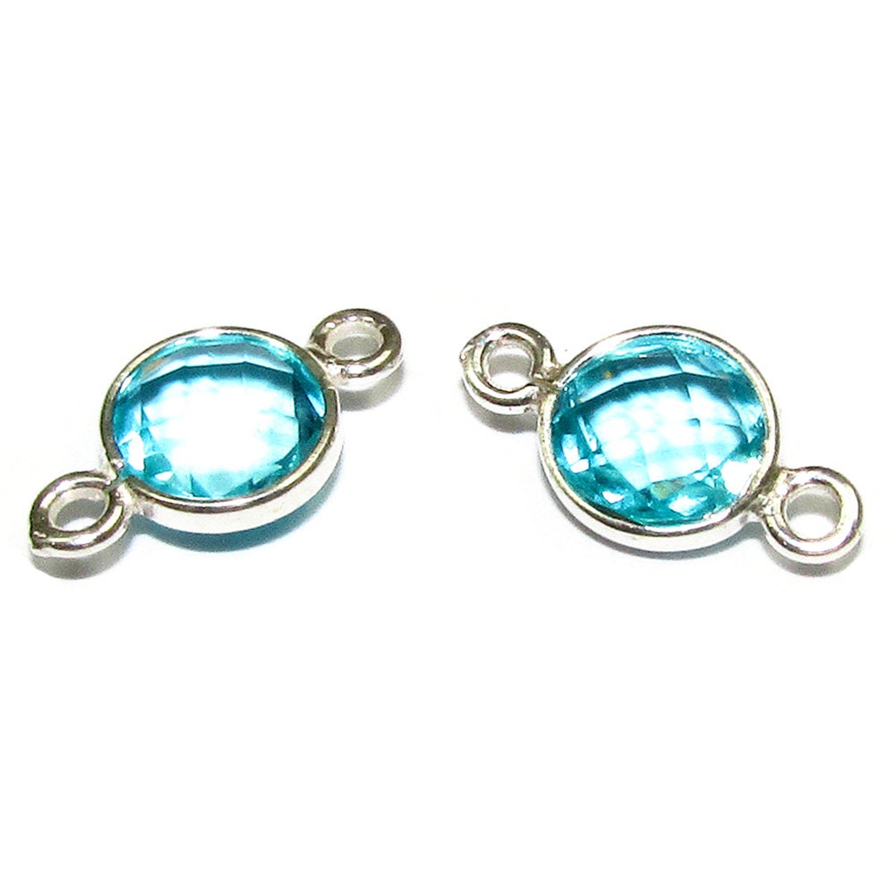 925 Sterling Silver Checkerboard Aquamarine Round Link Connector size 12x7 mm, Aquamarine silver link, Jewelry blue link connector - 1 piece