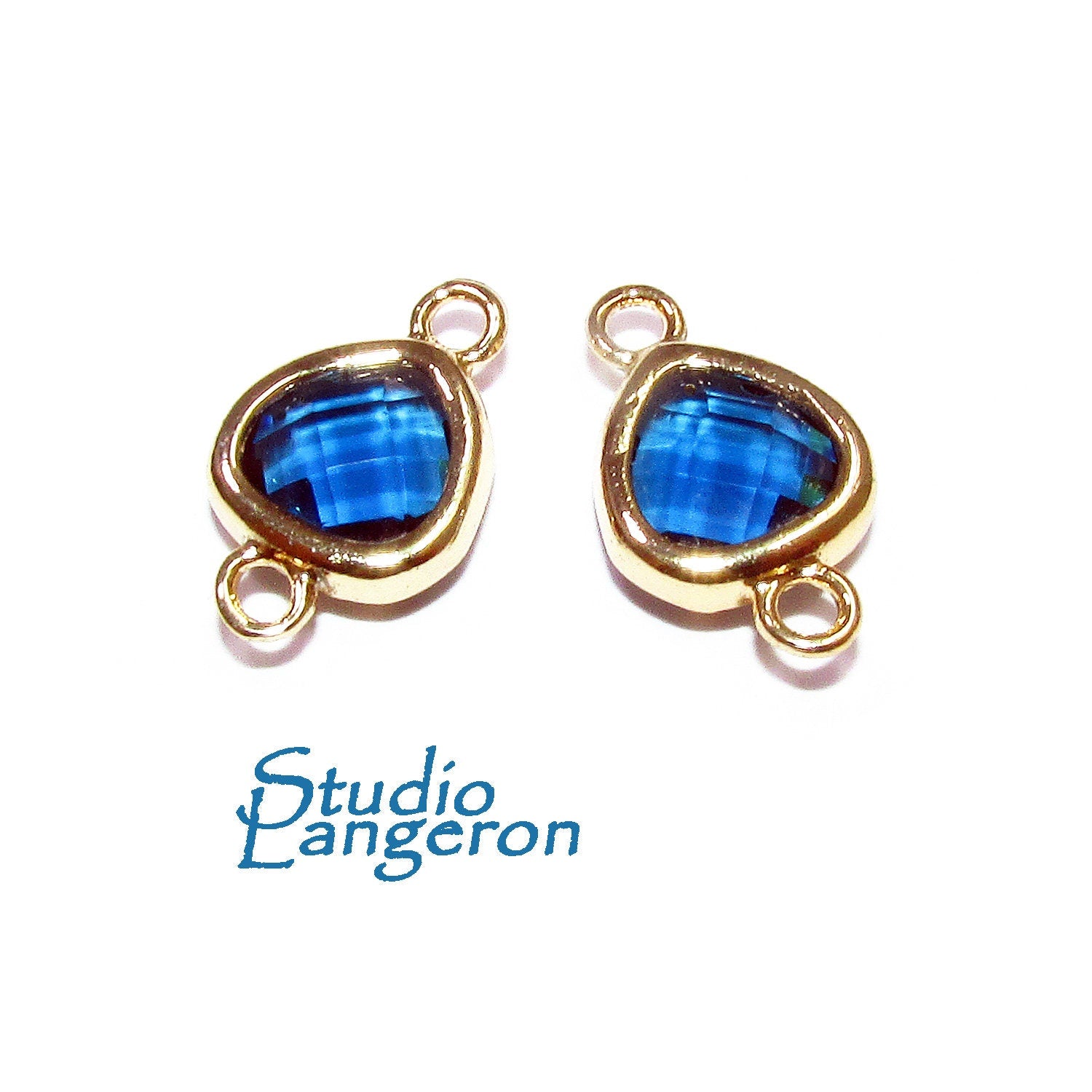 14K Gold Filled Checkerboard blue topaz triangular Link Connector size 8x14 mm, gold filled link, Jewelry making, Connector - 1 piece