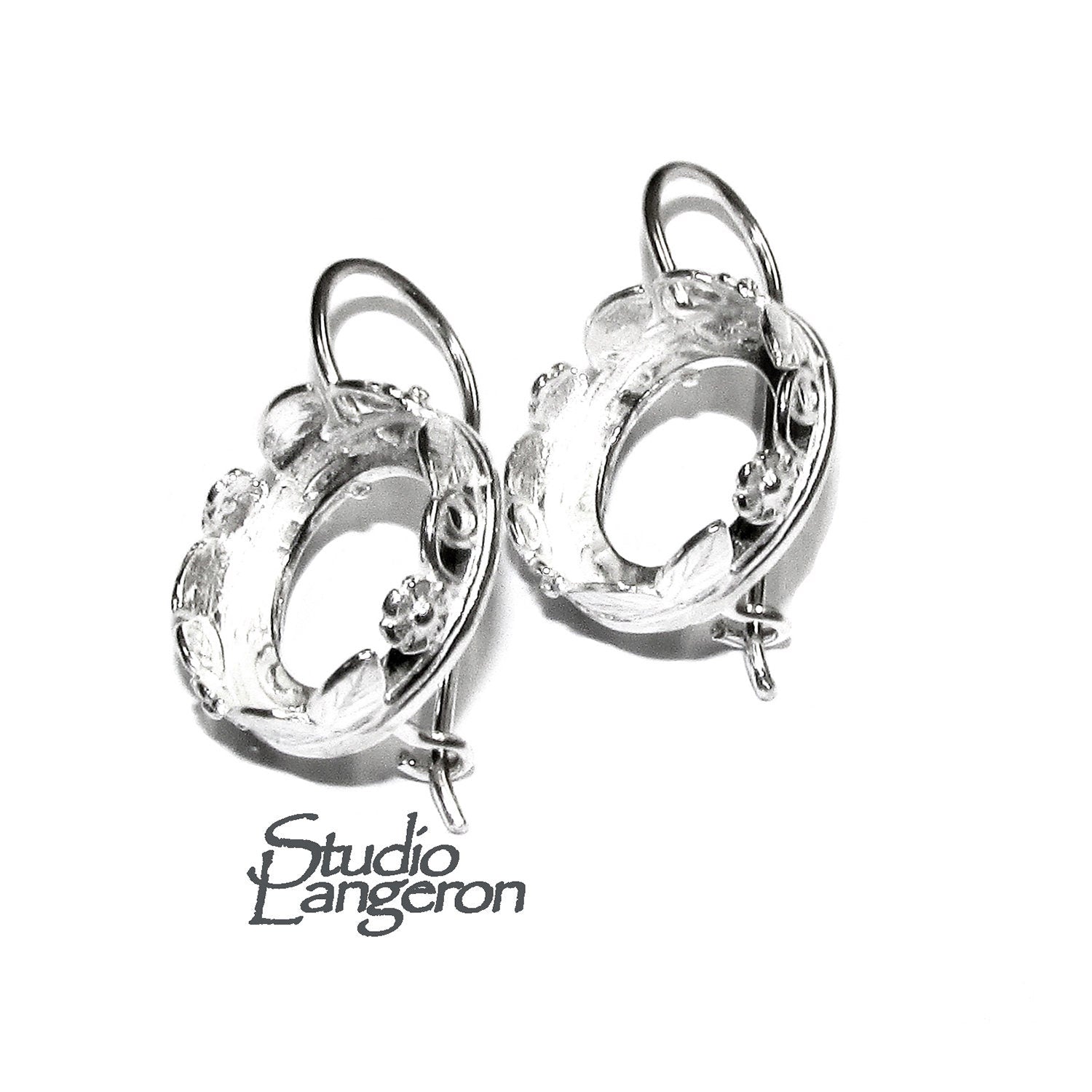 14 mm 925 sterling silver blank earrings with bezel cup, Jewelry making, Setting, bezel cup, base earrings, 925 silver - 1 pair (2 pieces)