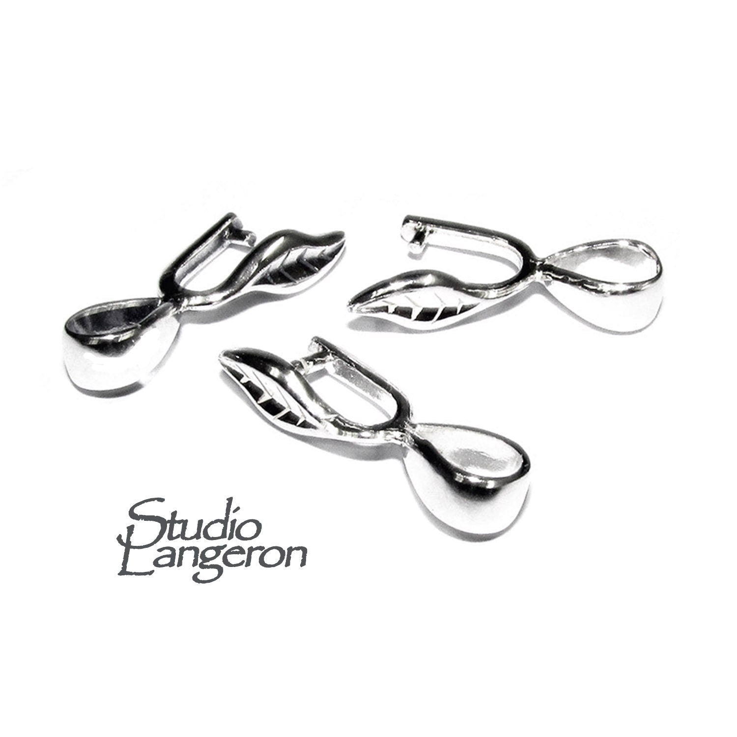 925 Sterling silver Leaf Pinch Pendant Bail with Loop - 1 piece