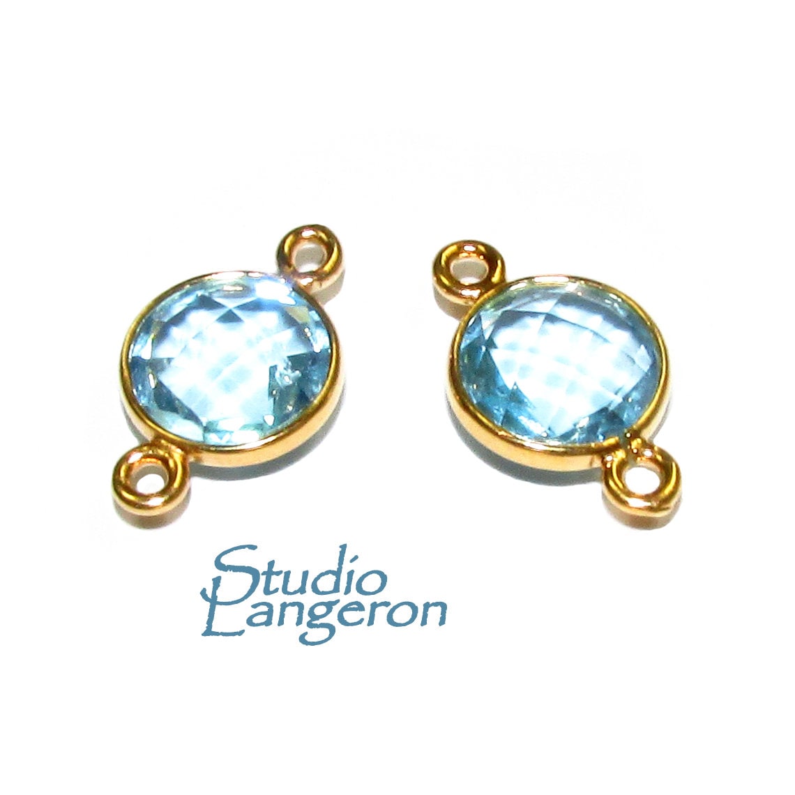 14K Gold Filled Checkerboard Aquamarine Round Link Connector size 15x9 mm, Aquamarine gold filled link, Jewelry making, Connector - 1 piece