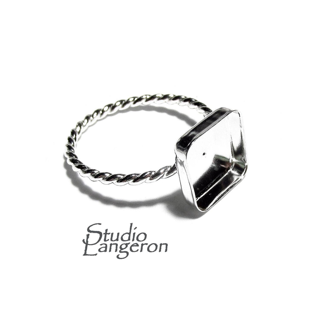 925 sterling silver twisted blank ring with bezel cup 10x10mm size 4, 5, 6, 7, 8, 9, 10, 11, bezel cup, base ring, Jewelry making - 1 piece