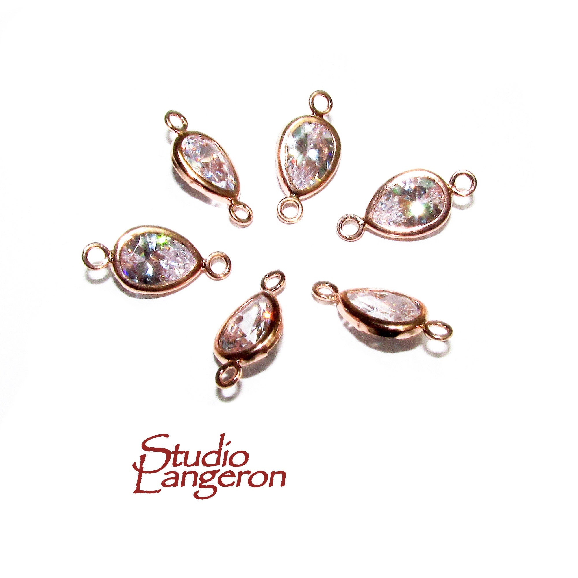 14K Rose Gold Filled White topaz pear Link Connector size 12x6mm, White topaz rose gold filled link, Connector, Jewelry making - 1 piece