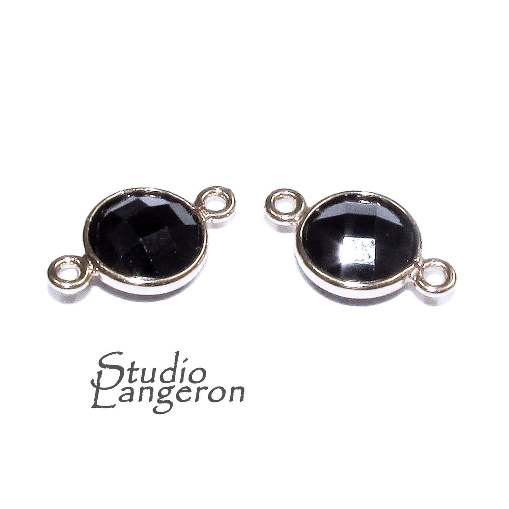 925 Sterling Silver Checkerboard black onyx Round Link Connector size 12x7mm, black onyx silver link, Jewelry connector, Connector - 1 piece