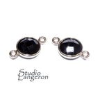 925 Sterling Silver Checkerboard black onyx Round Link Connector size 12x7mm, black onyx silver link, Jewelry connector, Connector - 1 piece