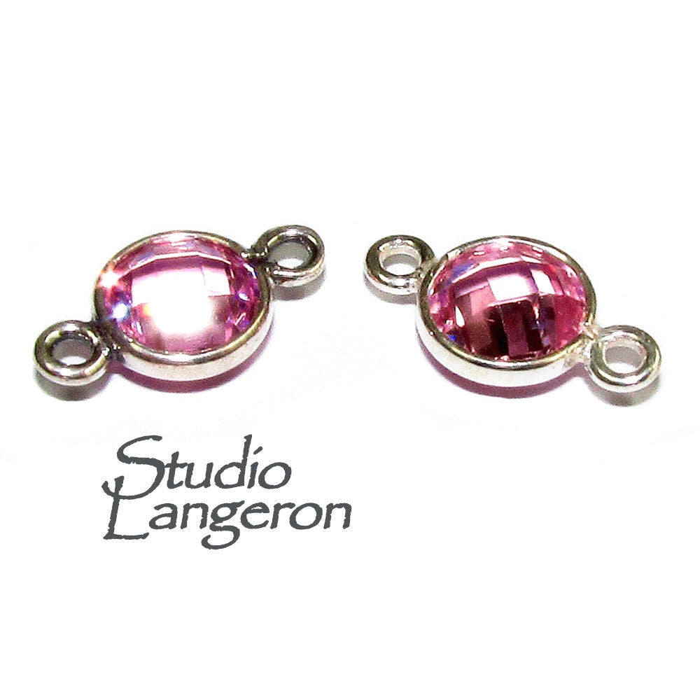 925 Sterling Silver Checkerboard Pink Topaz Round Link Connector size 12x7 mm, Pink Topaz silver link, Jewelry link connector - 1 piece