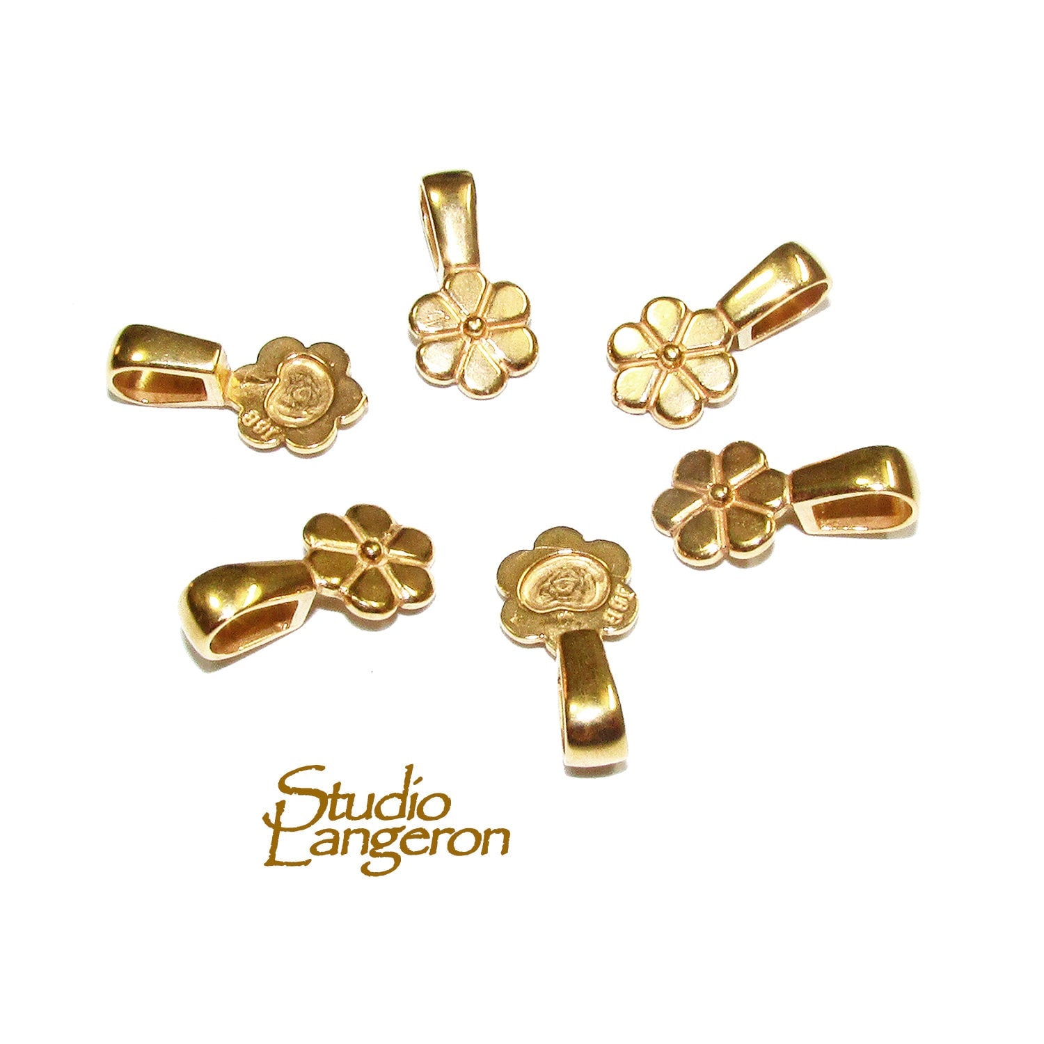 14K Yellow gold filled flower round Glue-on Pendant Bails, Jewelry making, bail with loop, Bail, Bail gold filled, Bail finding - 1 piece