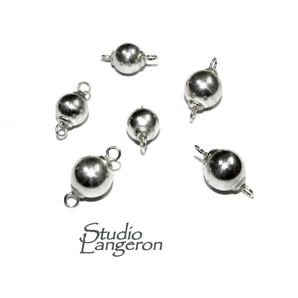 925 sterling silver round shiny beads with two closed rings size 6, 7 mm, Silver beads with loops, Jewelry making, Silver findings - 1 piece