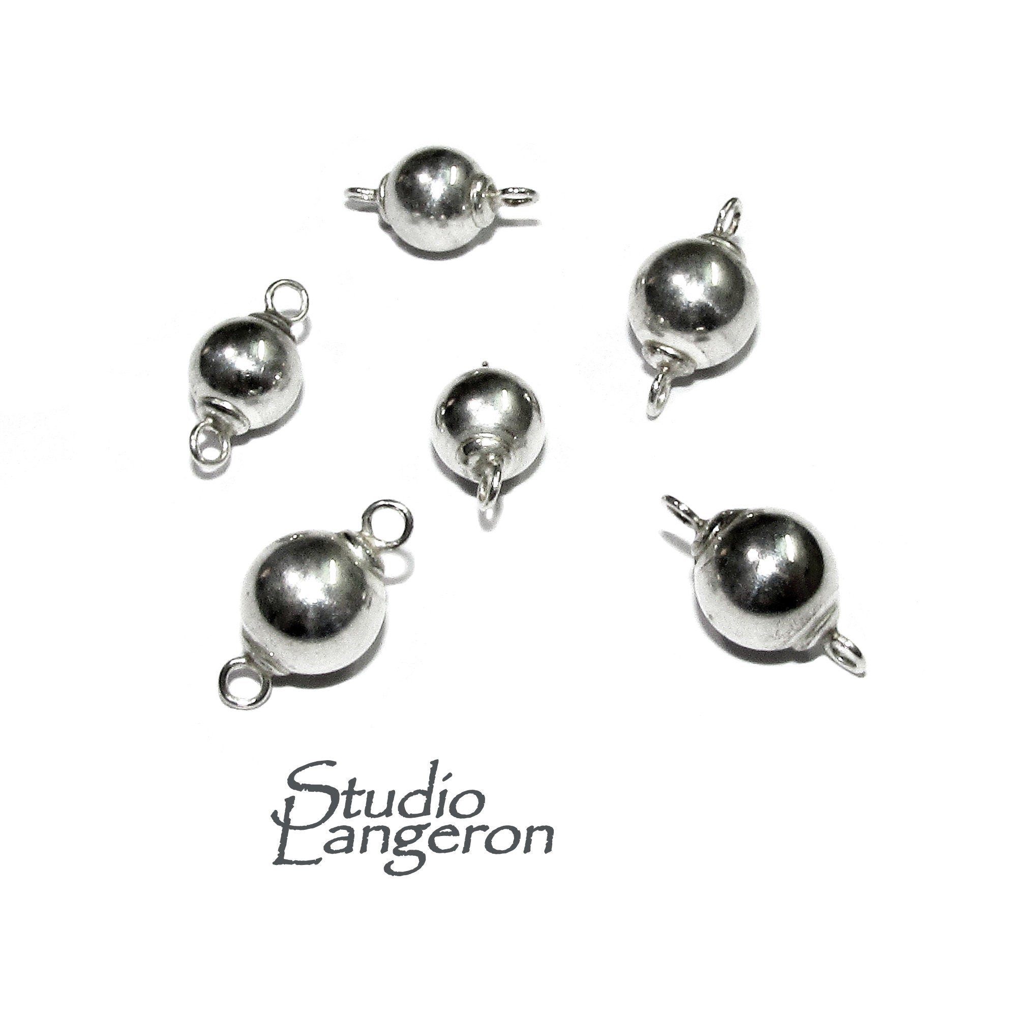 925 sterling silver round shiny beads with two closed rings size 6, 7 mm, Silver beads with loops, Jewelry making, Silver findings - 1 piece