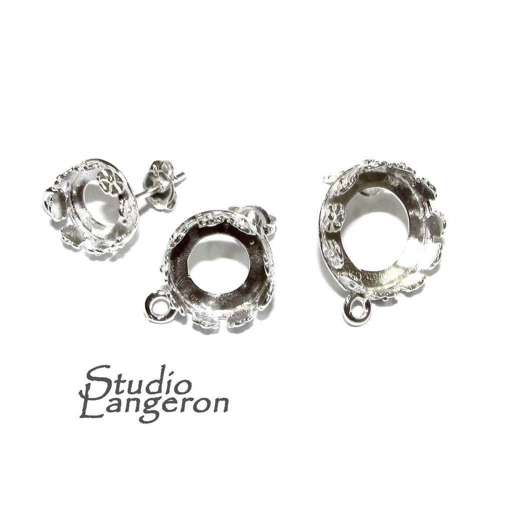 925 Sterling Silver Blank earrings size 8, 10, 12 mm with closed ring, Bezel cup, Base earrings, Jewelry making, Setting - 1 pair (2 pieces)