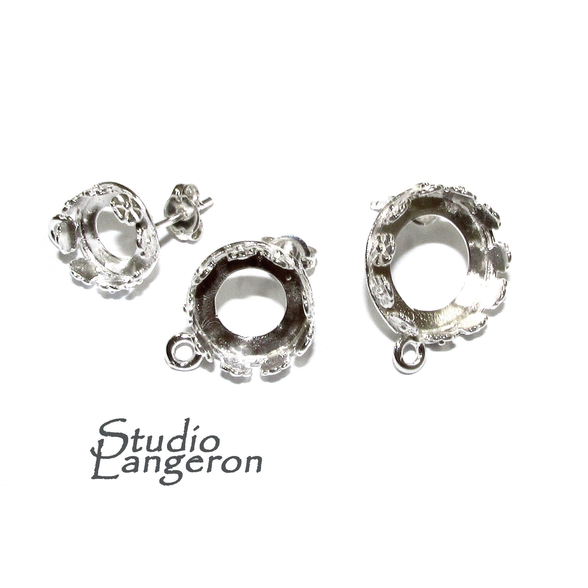925 Sterling Silver Blank earrings size 8, 10, 12 mm with closed ring, Bezel cup, Base earrings, Jewelry making, Setting - 1 pair (2 pieces)