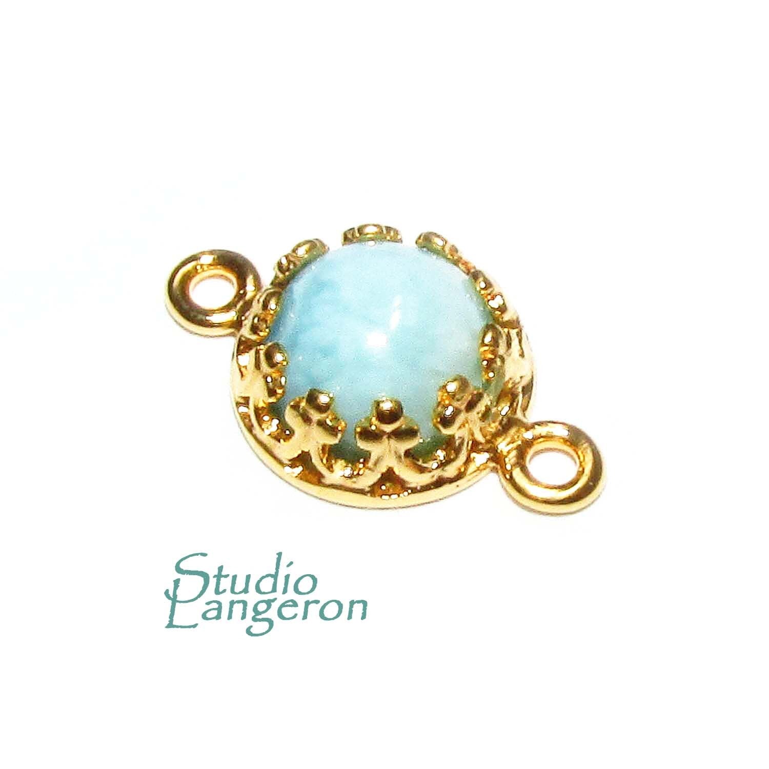 14K Gold Filled natural Larimar round Link Connector size 14x7 mm, Natural Larimar silver link, Jewelry making, Connector - 1 piece