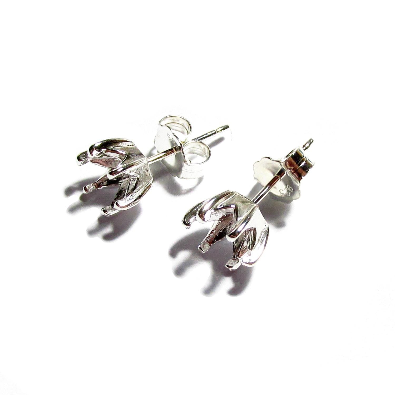925 Sterling Silver Round blank earrings with 6-Prong Setting size 5, 6, 8mm, Earring Post, Jewelry making, Setting - 1 pair (2 piece)