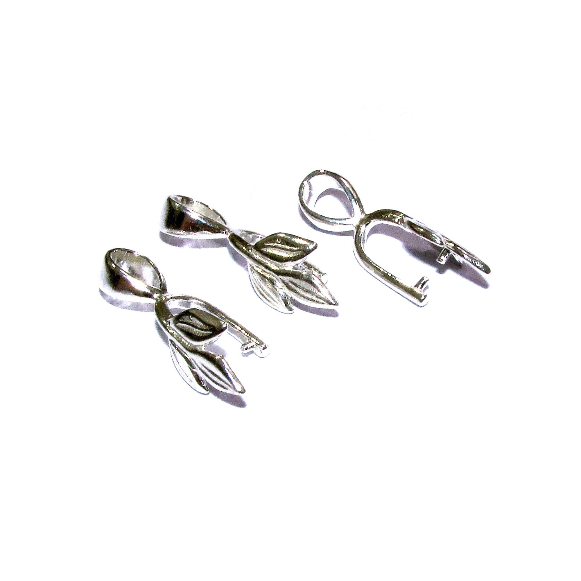 925 Sterling silver Triple leaf Pinch Large Pendant Bail with Ring - 1 piece