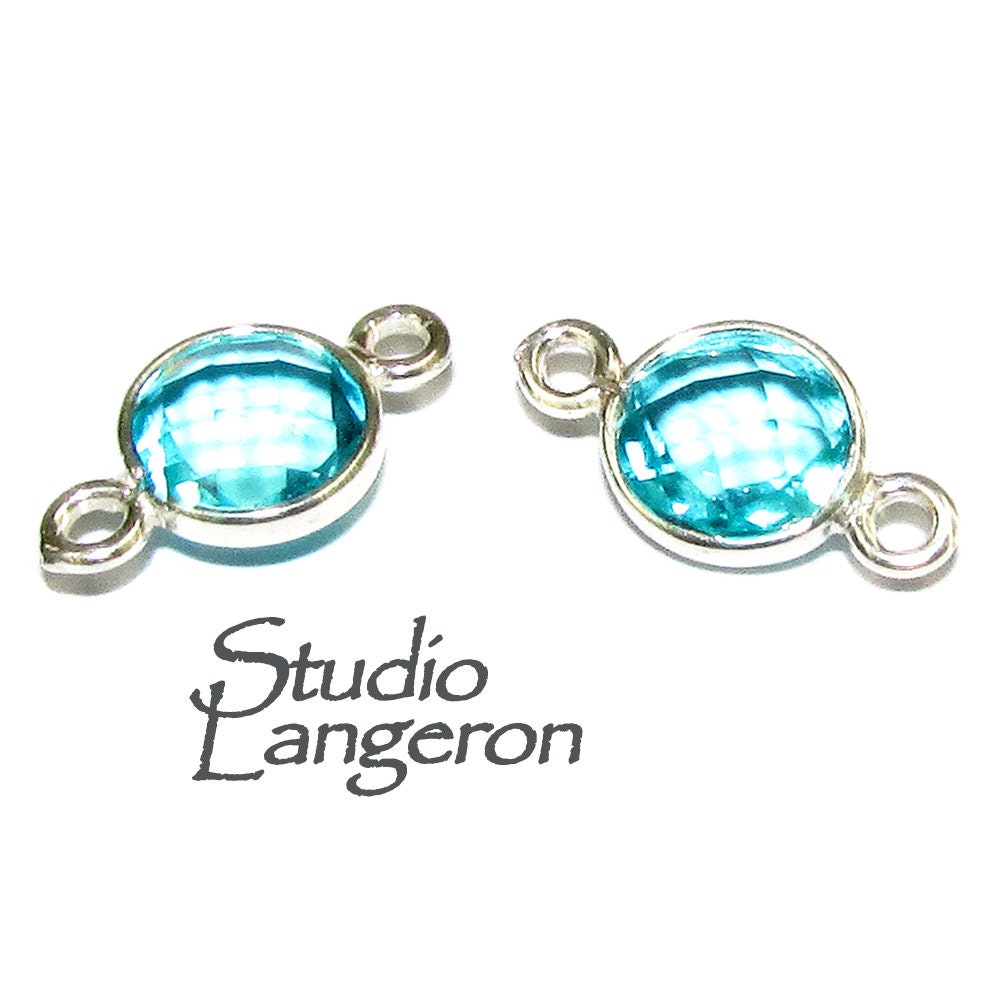 925 Sterling Silver Checkerboard Aquamarine Round Link Connector size 12x7 mm, Aquamarine silver link, Jewelry blue link connector - 1 piece