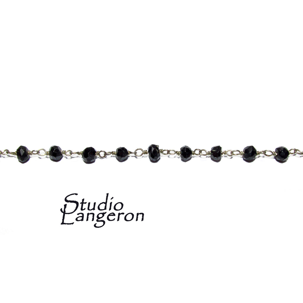 925 Sterling Silver Chain with black onyxes, silver shiny chain, Jewelry making, Natural black onyx, Chain with onyxes - 1 Ft (30 cm)