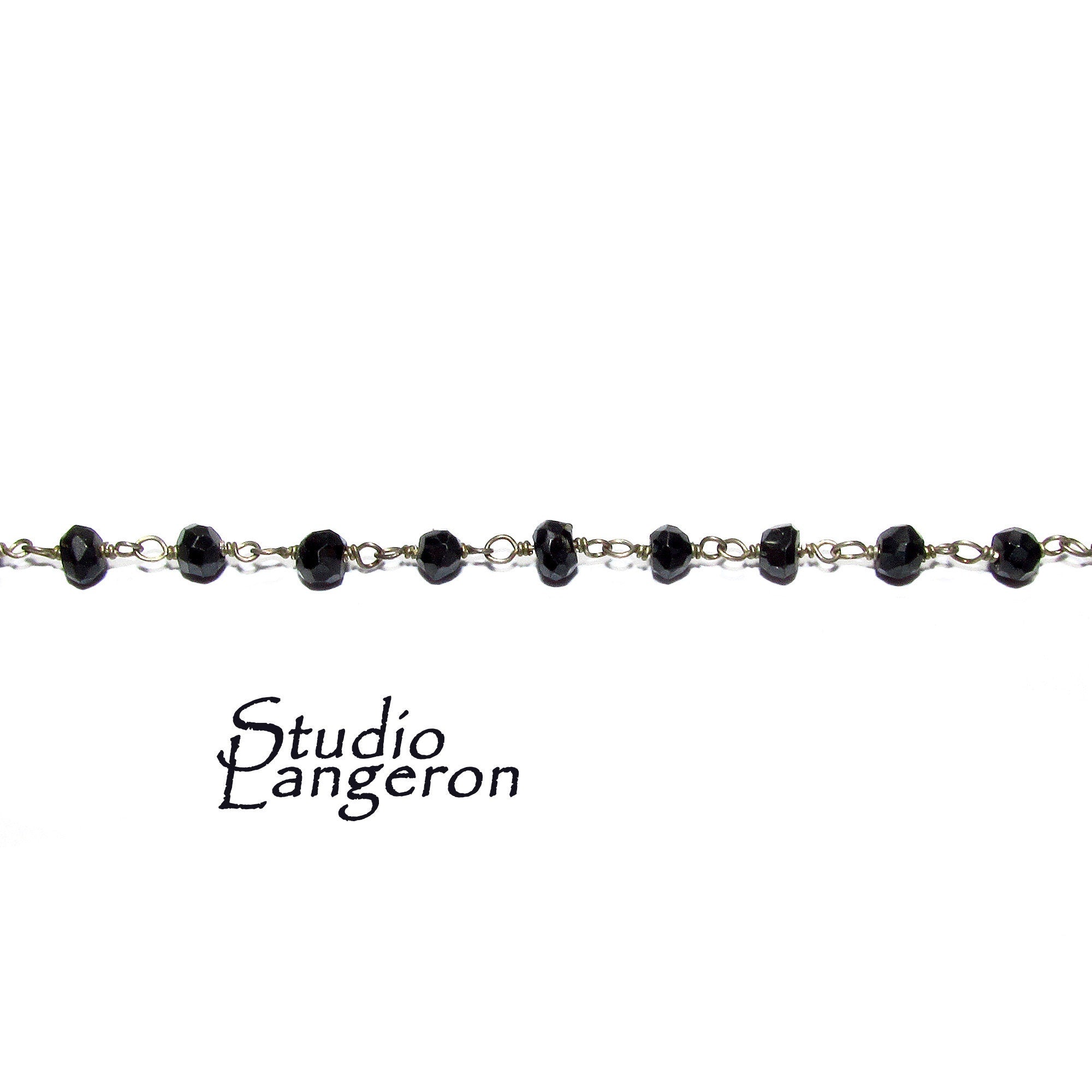 925 Sterling Silver Chain with black onyxes, silver shiny chain, Jewelry making, Natural black onyx, Chain with onyxes - 1 Ft (30 cm)