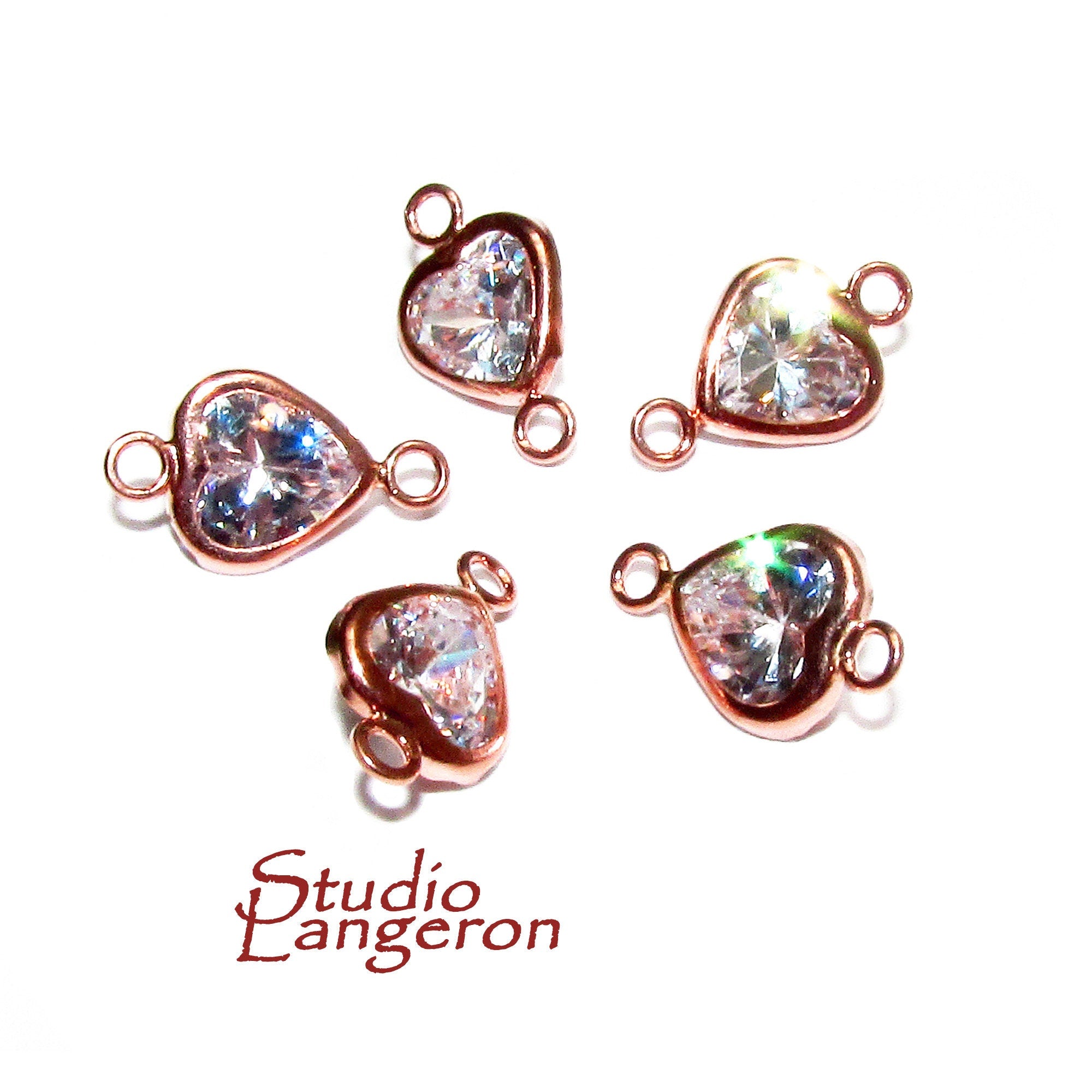 14K Rose Gold Filled White topaz heart Link Connector size 12.5x8.0 mm, White topaz gold filled link, Connector, Jewelry making - 1 piece